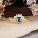 Unique Pear Cut Halo Alexandrite Engagement Ring Bezel Cluster Ring